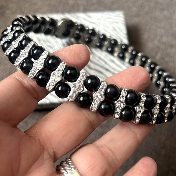 BLACK BEADED DOUBLE ROW CRYSTAL EMBELLISHED CHOKER - Picture 8 of 11